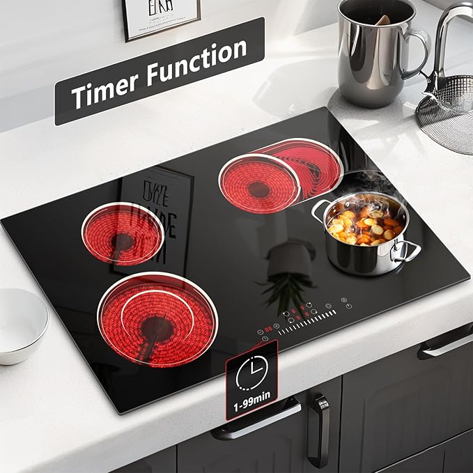 30 Inch Electric Cooktop 6600W, 4 Burner Electric Stove with Slide Control, Built-in 30'' Ceramic Cooktop 220V Hard Wire, Timer & Safety Lock, Extended Zone, Residual Heat Warning