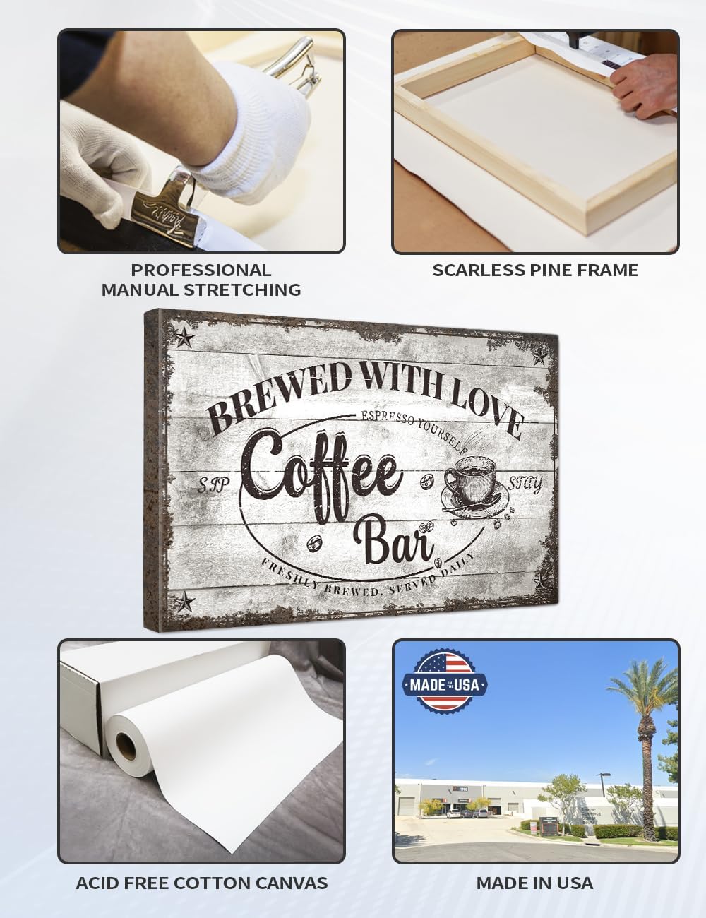 IPIC - Vintage Coffee Bar Sign Brewed with Love, Farmhouse Style Canvas Wall Art for Cafe, Large Wall Decor Gift for Family or Friends, Ready to Hang, Made in USA