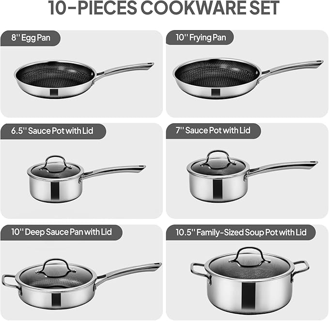 Bonnlo 11 Pieces Cookware Set, 3-Ply Stainless Steel Pots and Pans Set with Lids, Non-Toxic Kitchen Set, Oven & Dishwasher Safe, Induction Cooking Set, PFOA & PTFE Free (10 Nonstick Set)