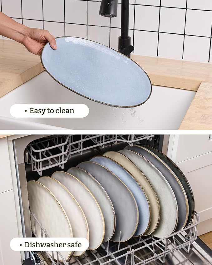 famiware Serving Platter, Oval 15.59/14.3/12.9inch Serving Dishes for Entertaining, Serving Bowls, Reactive Glaze, Stoneware Serving Trays for Party, Food, Turkey, Cheese, Ocean Series, Blue