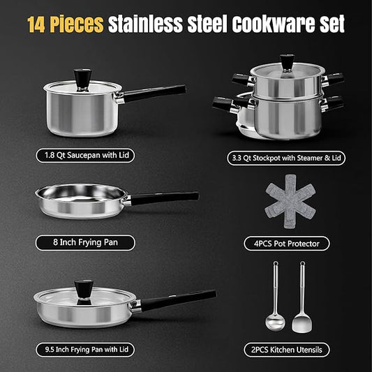 Meythway Stainless Steel Cookware Set Non Toxic, 14PCs Stainless Steel Pots and Pans Set with Stay-Cool Handles, Kitchen Induction Cookware with Steamer, Utensil Sets and Pot Protectors