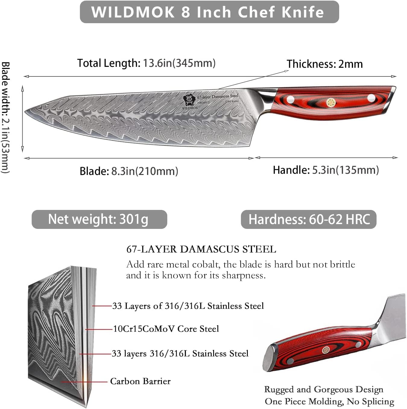 WILDMOK Damascus Chef Knife, 8 Inch Professional chef's knives, Japanese Ultra Sharp Kitchen Knife Full Tang G10 Handle, Japanese damascus knife Including Gift Box