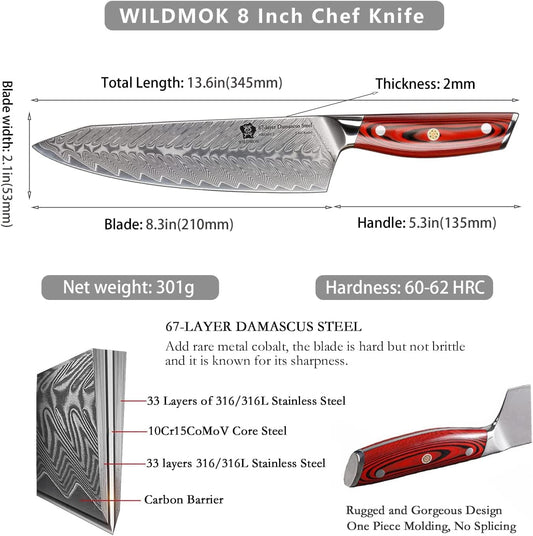 WILDMOK Damascus Chef Knife, 8 Inch Professional chef's knives, Japanese Ultra Sharp Kitchen Knife Full Tang G10 Handle, Japanese damascus knife Including Gift Box
