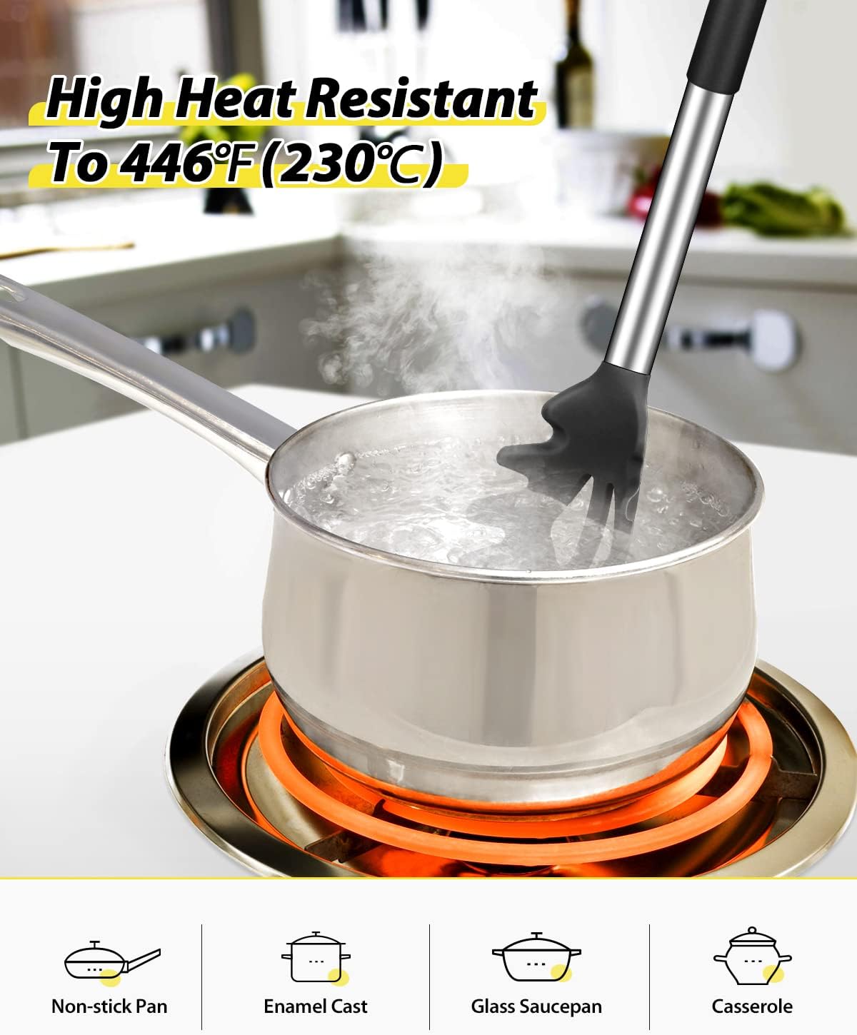 Silicone Pasta Fork and Soup Ladle Set, Non-Stick BPA Free Heat-Resistant Handy Kitchen Utensils for Cooking, Serving, Draining, Stirring (Black)