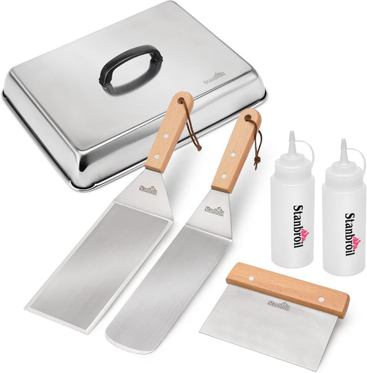 Stanbroil BBQ Griddle Accessories Set of 6 - Heavy Duty Stainless Steel Scraper, Spatula, Basting Cover and Bottles for Blackstone, Camp Chef Grill and Outdoor Griddle Accessories
