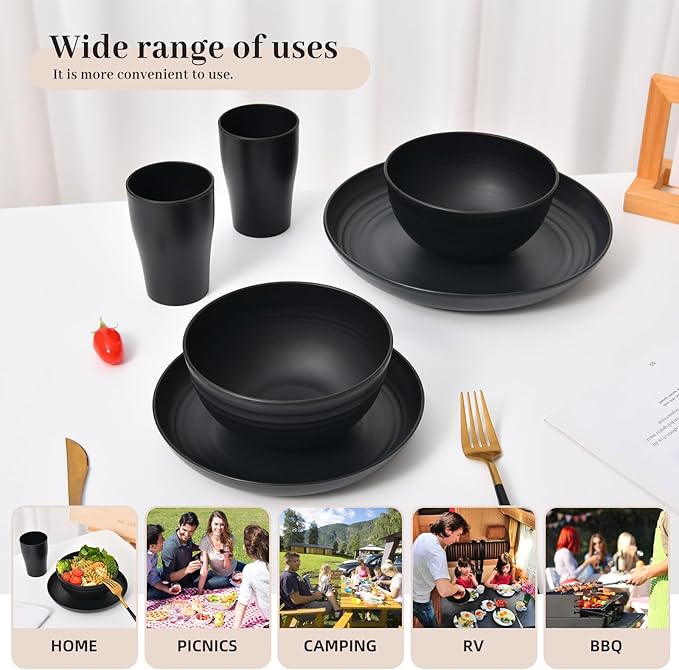 32 Piece Wheat Straw Dinnerware Set - Black Plates and Bowls for 8, Unbreakable, Dishwasher & Microwave Safe, Reusable, Lightweight Tableware, Ideal for Camping and Everyday Use