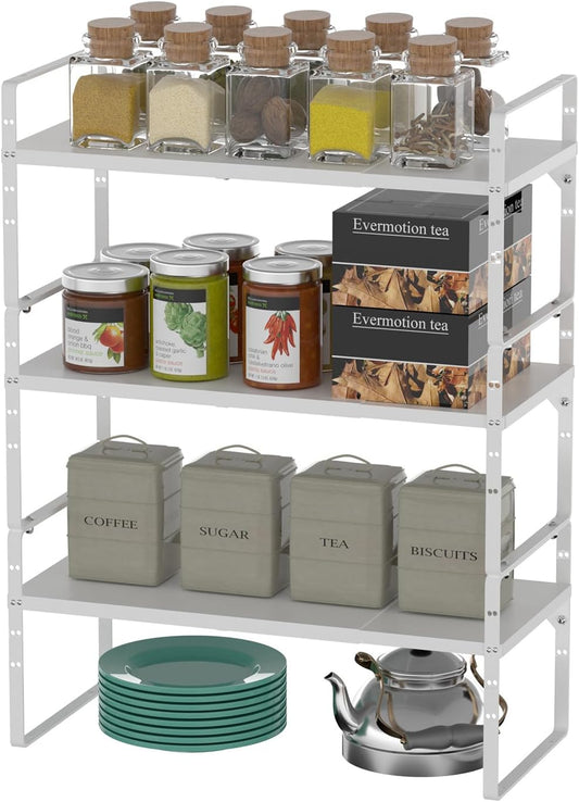 Redrubbit Expandable Cabinet Shelf Organizers, Stackable Kitchen Counter Shelves Spice Rack for Kitchen Bathroom Pantry Cupboard Desk Home Office, Metal Plate Heavy Duty Nonslip White, Set of 3