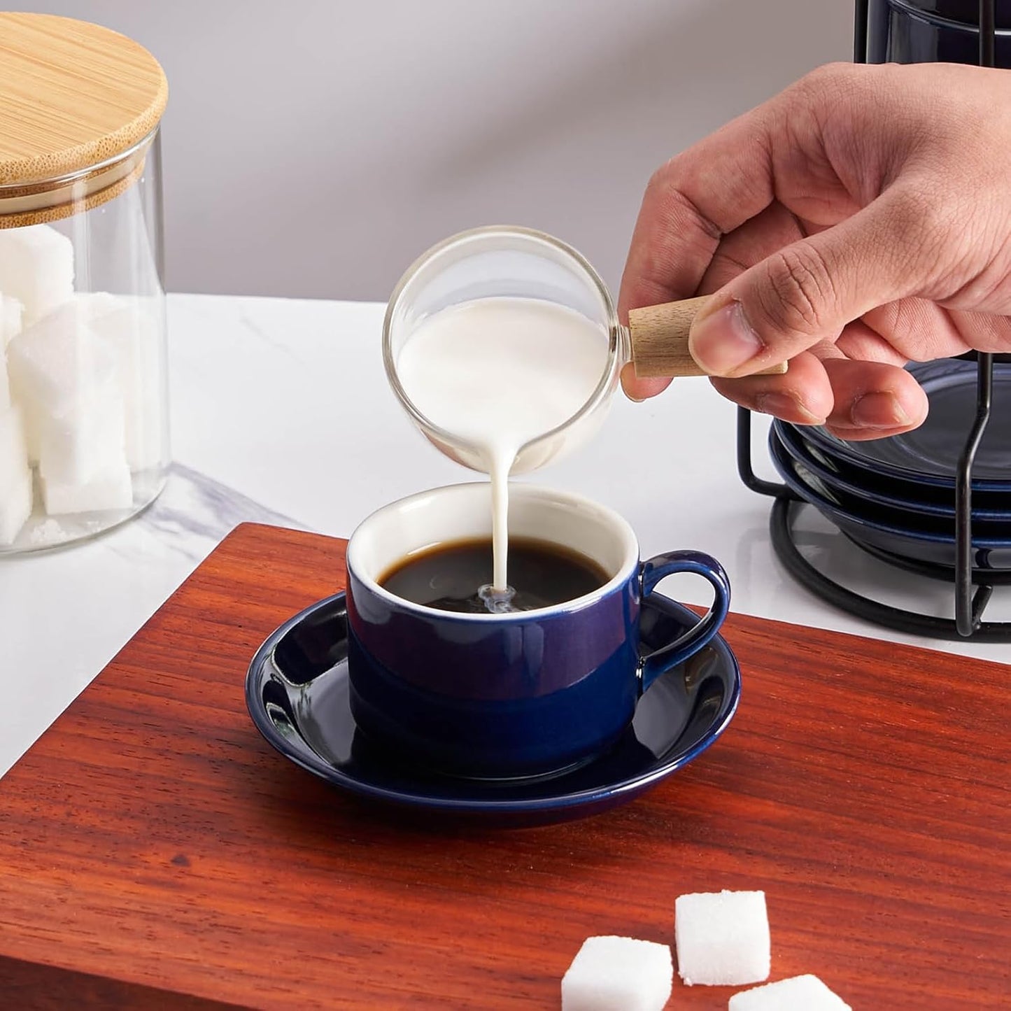 4oz Porcelain Stackable Espresso Cups with Saucers and Metal Stand Set of 4, Stackable Cappuccino Cups, Blue Expresso Shots Cup Set for Coffee Drinks, Latte, Americano, Tea