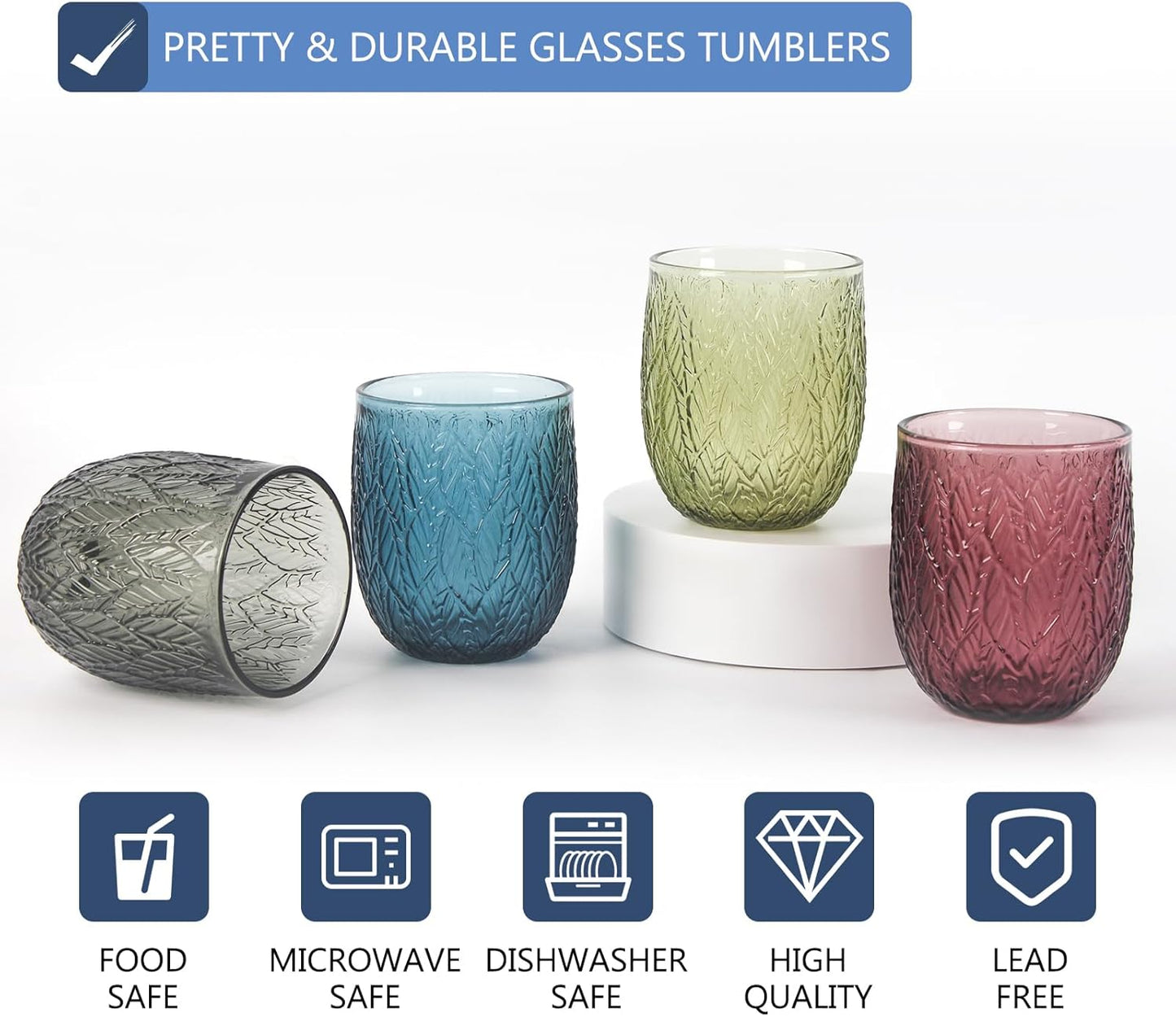 Colored Glasses Drinking Set of 4, 12oz Vintage Drinking Glasses, Drinking Glasses for Cocktail, Beer, Wine, Whiskey, Water & Juice Drinkware (Willow Leaf 4PCS)