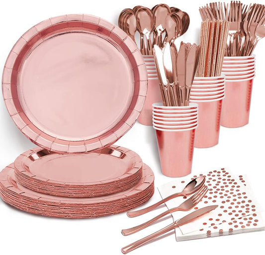 Rose Gold Birthday Party Favors for Women Rose Gold Plates and Napkins Party Supplies,Disposable Paper Plates and Cups Set for First Day of School,Bridal Shower,Baby Showers,Christmas, Serves 20