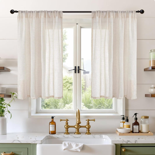 BGment Oatmeal Linen Curtains 40 Inch Length for Short Kitchen Window - Semi Sheer Small Drapes Textured Light Filtering with Rod Pocket for Cafe Bathroom Lightweight, 2 Panels Set, 42 X 40 Inch