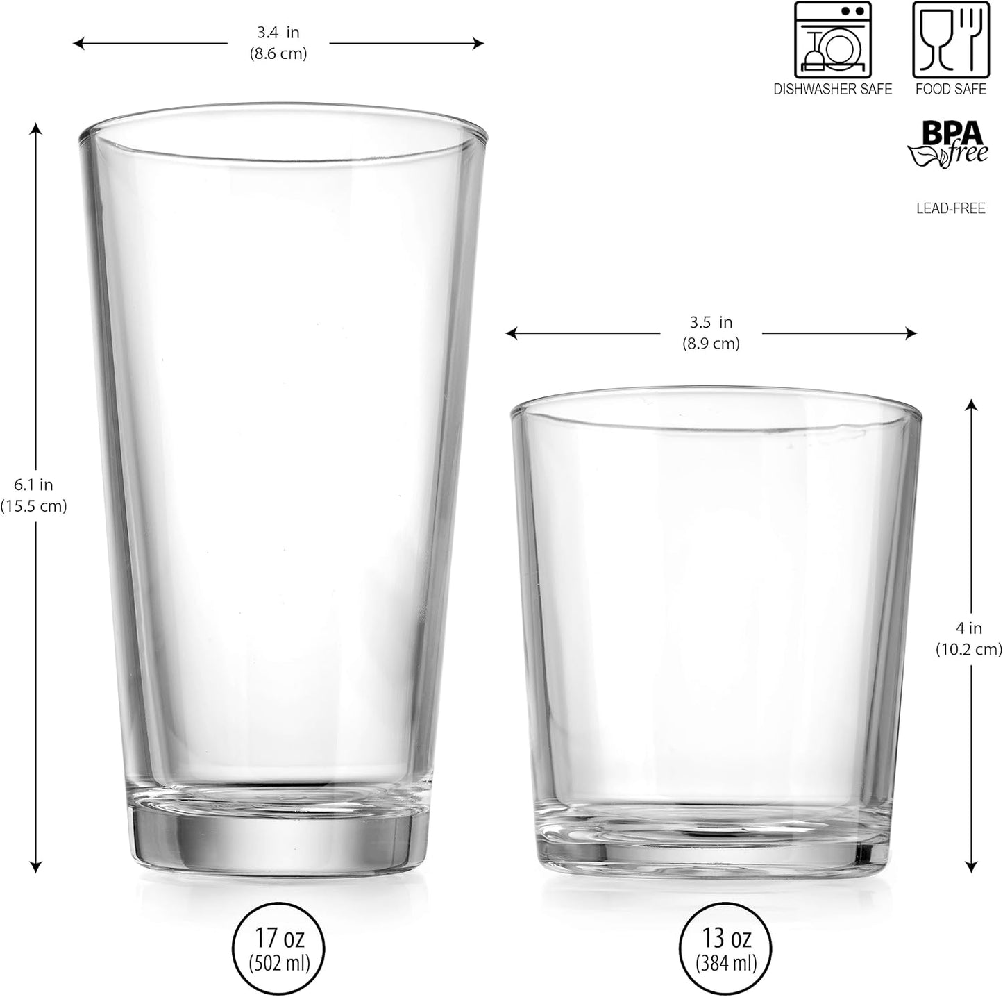 Glaver's Drinking Glasses Set of 8 Mixed Glassware Set, 4 Highballs 17 Oz., 4 Whiskey Glasses 13 Oz., Great For Cocktail Whisky and other Beverages. Dishwasher Safe.