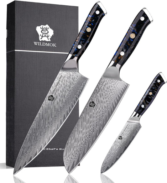 WILDMOK Damascus Kitchen Knife Sets 3 PCS, Japanese Kitchen Knife Set Damascus Steel Core, Ultra-Sharp Professional Chef Knife Set and Full Handle, Gift Box