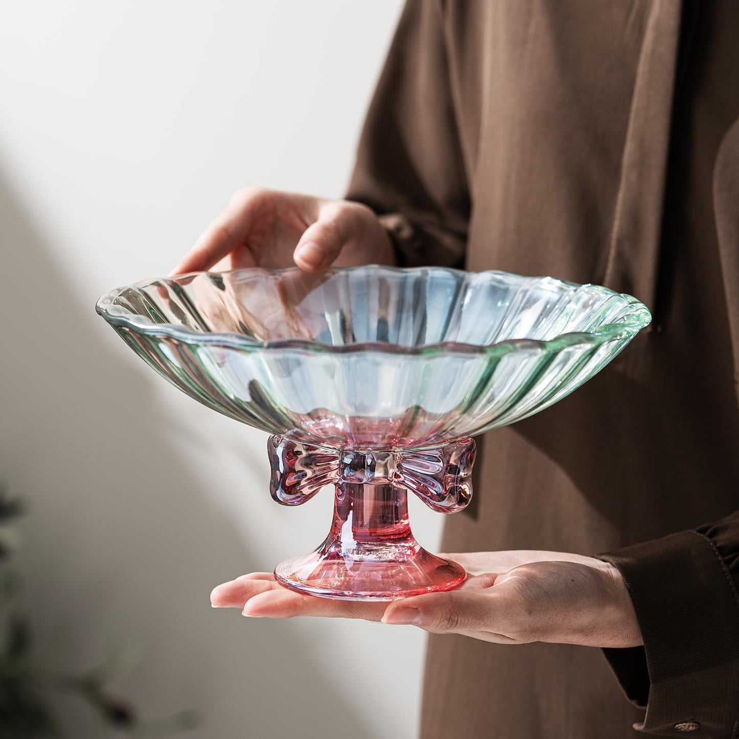 Glass Fruit Bowl. 9 inch Glass Pedestal Bowl. Elegant Bow Decoration Multicolor Salad Plate. Suitable for Fruit, Dessert, Candy, Snack & More. (Green & Pink)