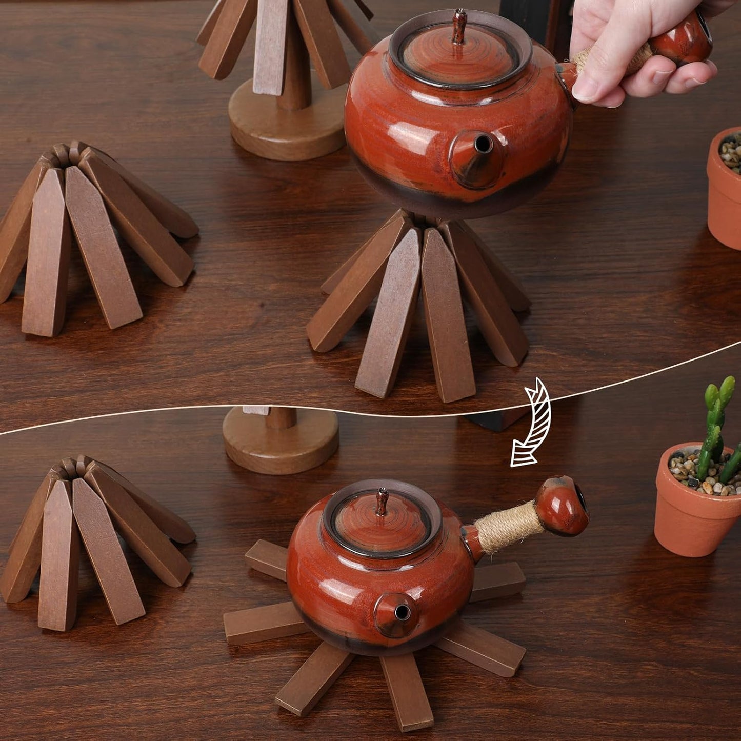 Tree Coasters Set of 3 - Wooden Trivets for Hot Dishes, Trivet Tree for Hot Pads, Trivet Mats Foldable Heat Resistant Pads Multifunctional Ornaments for Teapot Pans Kitchen Table (Walnut)