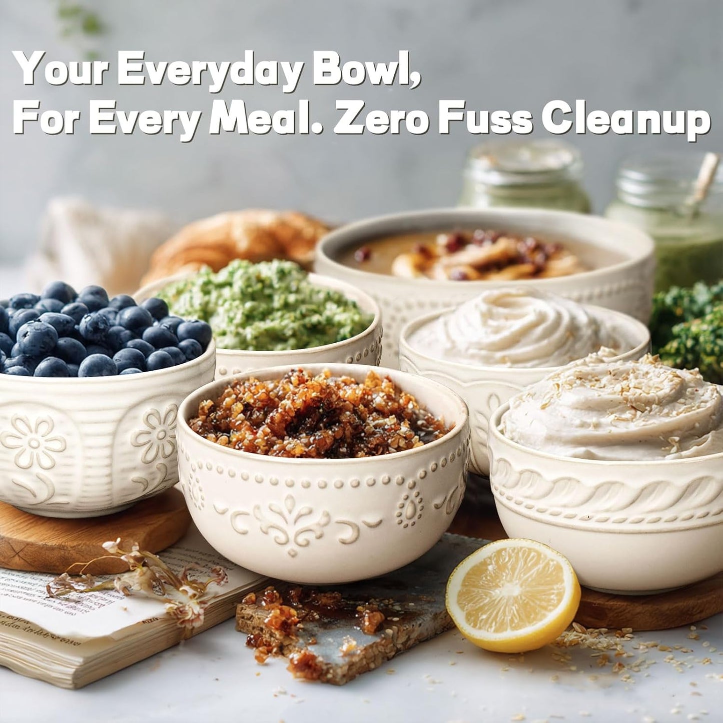 Artena Small Bowls Set of 4, 12 oz Ceramic Embossment Dessert Bowls, white Bowl for Kitchen, Ice Cream, Side Dishes, Rice, Cereal, Fruit, 4.5 Inch, Microwave & Dishwasher Safe, Wheat Leaf