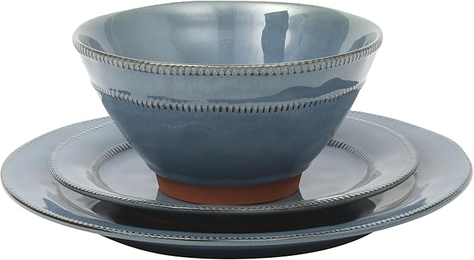 Gibson Elite Terranea 12 Piece Dishes Reactive Glaze Plates and Bowls Terracotta Dinnerware Set - Service for 4 - Blue