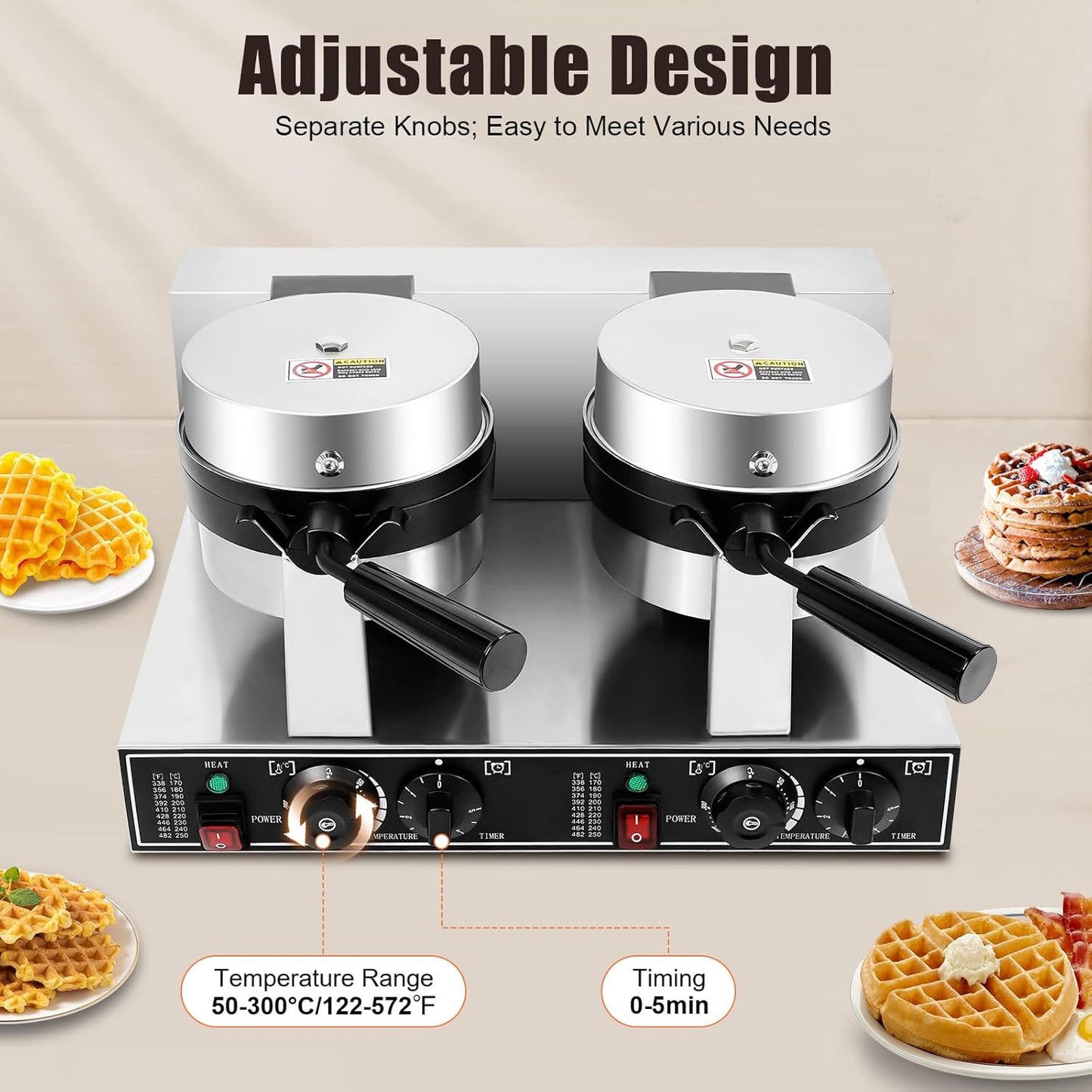 2400W Commercial Double Waffle Maker, Electric Waffle Maker Non-Stick Stainless Steel Belgian Waffle Iron w/Time & Temper Adjustable|Overheat Protect, Large Waffle Machine for Restaurant Party Food