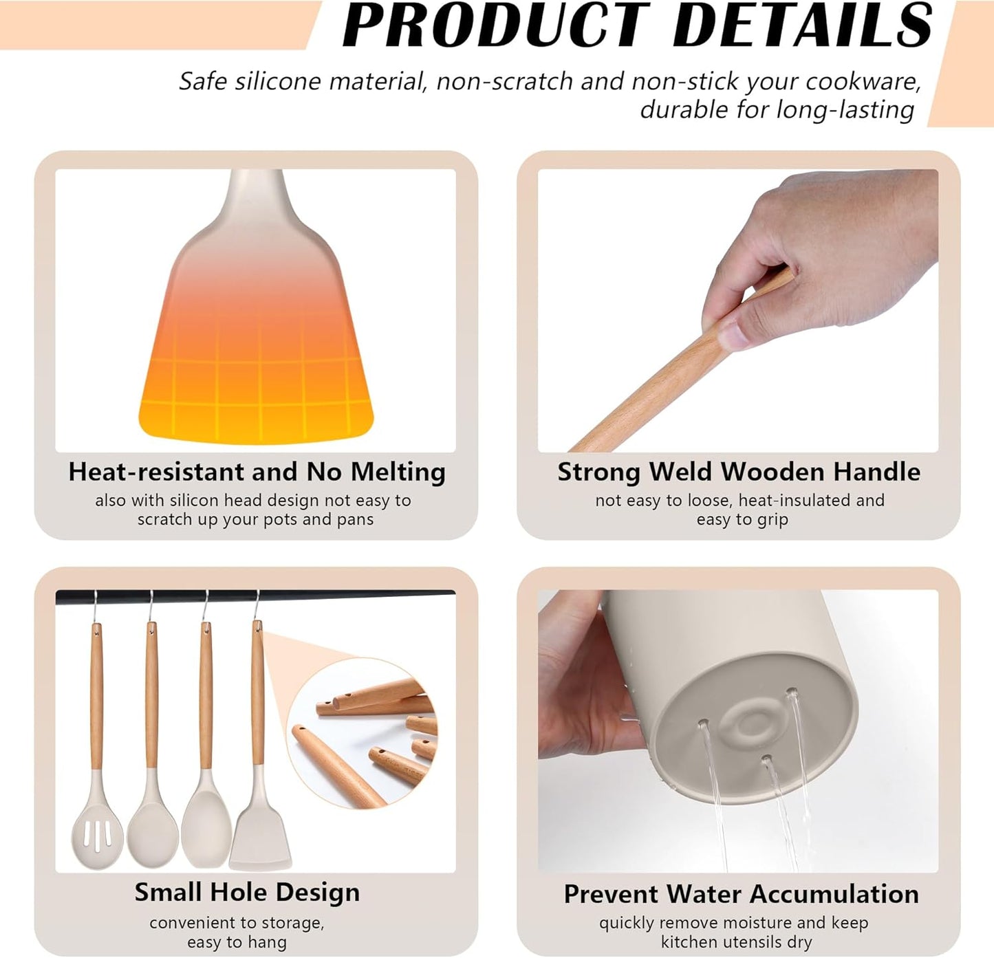 HaWare Kitchen Cooking Utensils Set, 23-Piece Silicone Kitchen Utensils Spatula Set with Holder, Heat Resistant Wooden Handle Kitchen Gadget for Nonstick Cookware, Food-grade Turner Spoon Sets (Khaki)