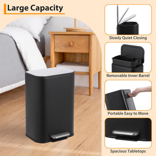 Trash Can with Lid, 5.3 Gallon Stainless Steel Garbage Bin for Kitchen, Rectangular Trash Can with Step-On Pedal and Inner Bucket for Home Office Bathroom Living Room (20 L, Black)