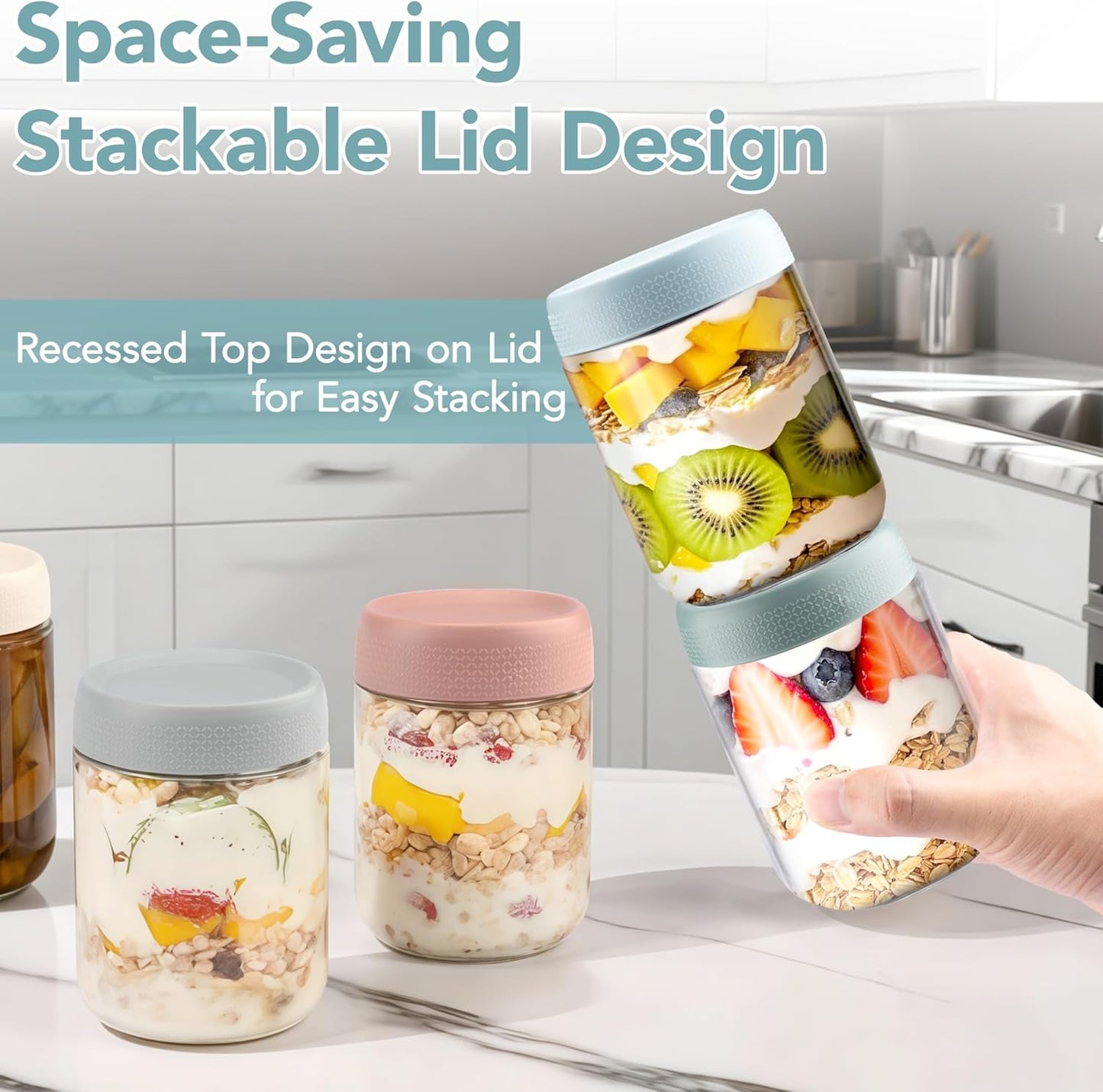 6-pack Overnight Oats Containers with Lids, 16oz Clear Glass Jars with Airtight Lids, Wide mouth Mason Jars, Food Storage Containers for Meal Prep Chia Spice Cereal Snacks Yogurt Salad Pudding Sugar