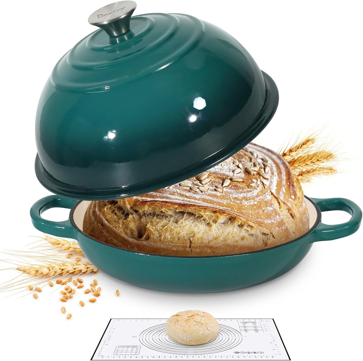 Davivy 5.5QT Enameled Cast Iron Dutch Oven with Lid, Dutch Oven for Sourdough Bread, 10" Round Sourdough Bread Oven, Bread Cloche for Bread Baking, with Silicone Baking Mat - Gradient Teal