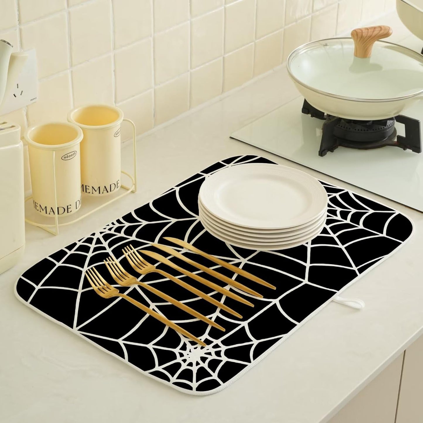 Halloween Spiderweb Dish Drying Mat 18 x 24 inch Halloween Scary Themed Black White Spider Web Decorative Drying Mats Microfiber Absorbent Dish Washable Draining Mat for Kitchen Counter