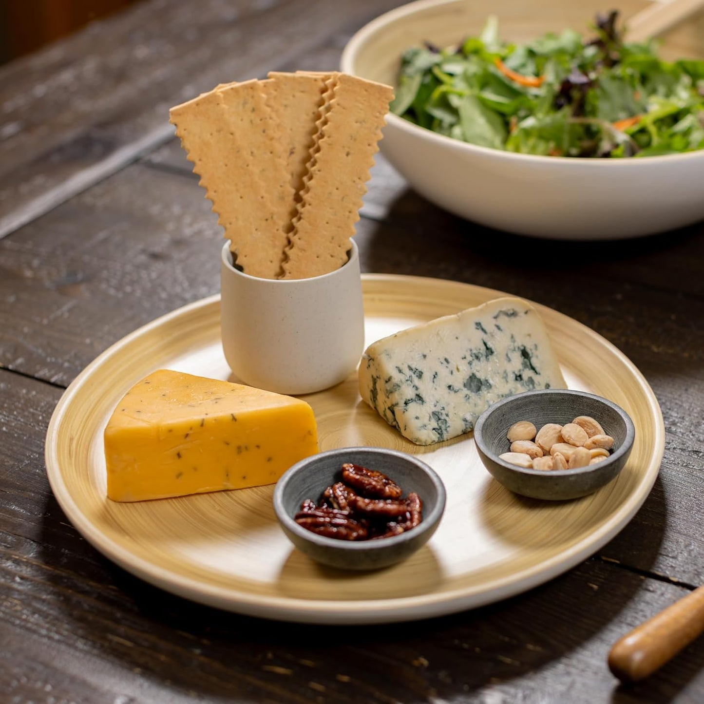 LEXA 12" Handcrafted 2PCs Bamboo Round Wooden Serving Tray For Serving Food - Small Wooden Tray For Ottoman Coffee Table Tray - Charcuterie Wood Trays Home Decor - Decorative Tray For Kitchen Counter