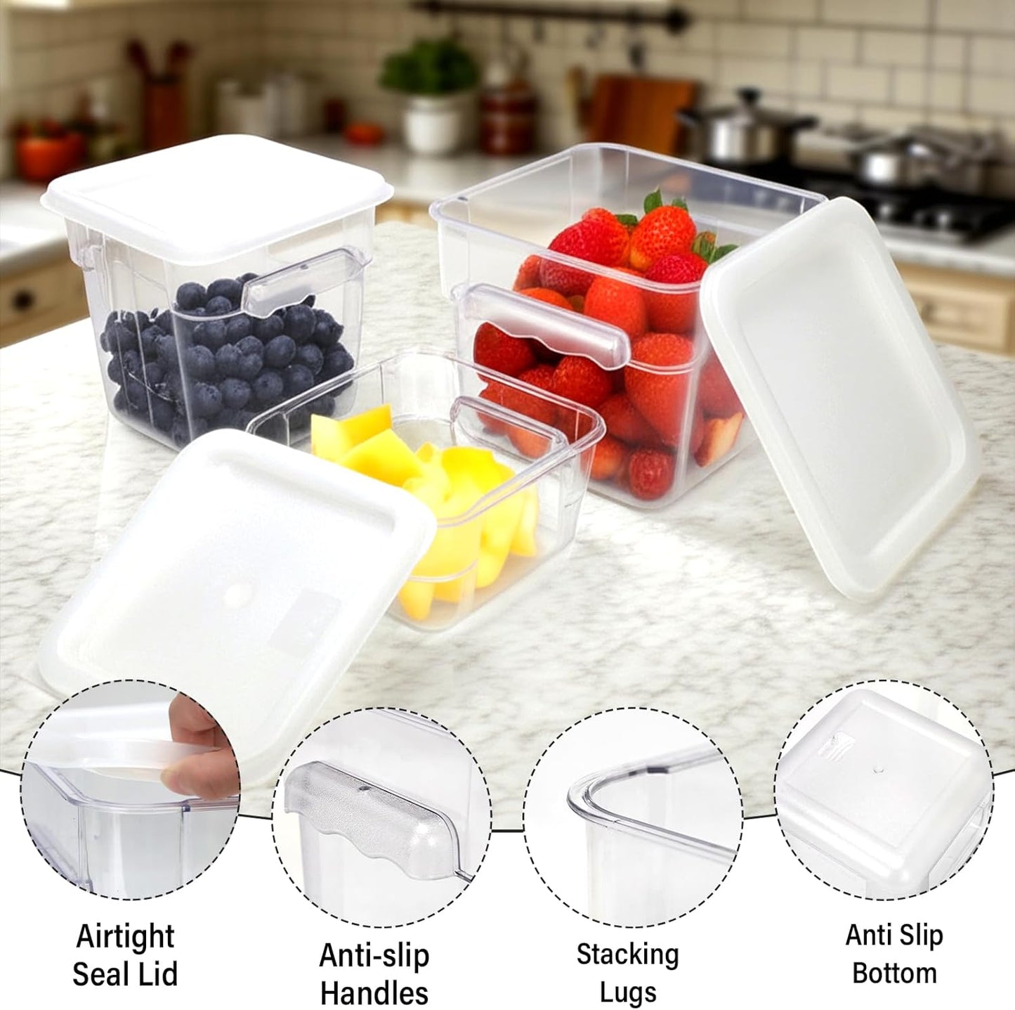 Food Storage Container with Lid (2 Pack 4Qt),Square Commercial Containers with Scales and Handles Polycarbonate Clear Food Storage for Kitchen Proof Dough Marinating Meat Fruits Vegetables