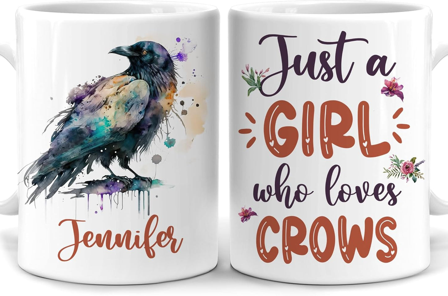 Hyturtle Personalized Gifts Crow Lover - Just A Girl Who Loves Crows Custom Name Ceramic Coffee Mug Cup 11oz - Idea Cute Animal Lover Gifts For Women, Girl Daughter On Birthday, Christmas