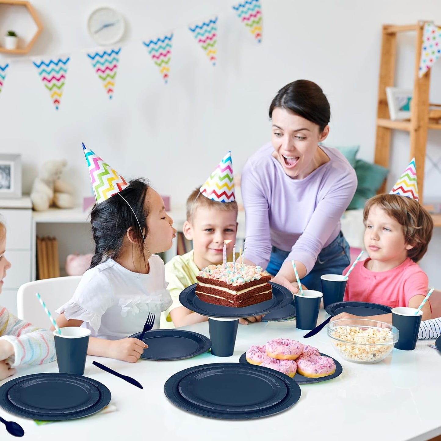 TWOWYHI 228PCS Navy Blue Party Supplies Set Include Paper Plates Cups Paper Napkins Plastic Spoons Forks Knives for 30 Guests Disposable Party Dinnerware for Birthday Wedding Family Picnic