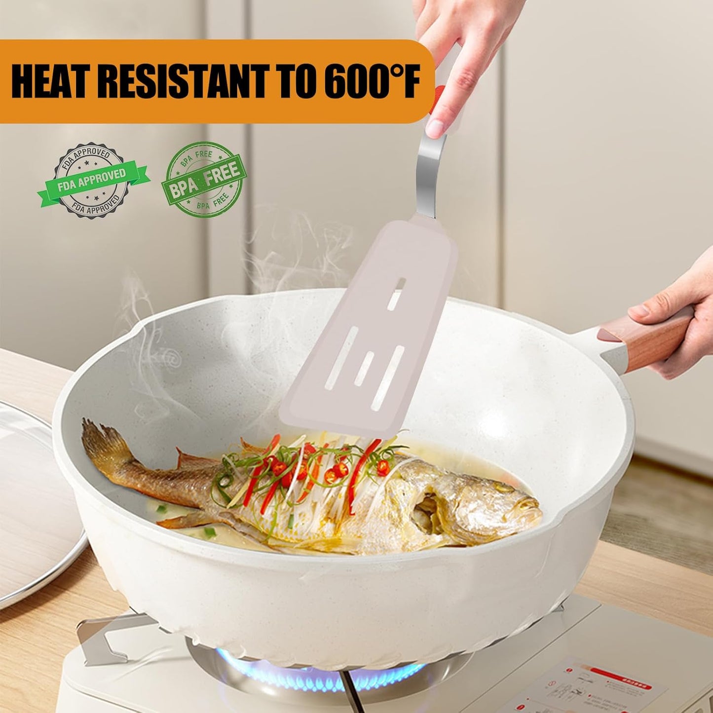 Beijiyi Silicone Spatula Turner Set of 3, 600°F Heat Resistant Nonstick Turner Spatulas for Kitchen Use, Large Flexible Silicone Cooking Utensils Rubber Spatula Set for Egg, Pancake, Fish (Khaki)