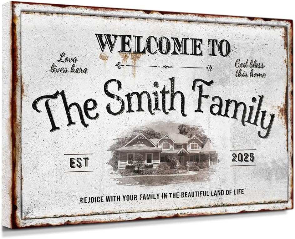 IPIC - Personalized Family Welcome Sign, Large Custom Wall Art with House Photo, Name & Date for Family, Rustic Wall Decor for Home or Entryway, Made in USA