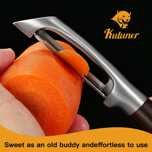 Serrated Blade Premium I Type 304 Stainless Steel Multifunctional Kitchen Peeler Real Wood Handle Ultra Sharp Blade Vegetable Potato Apple(Carbonized Wood)