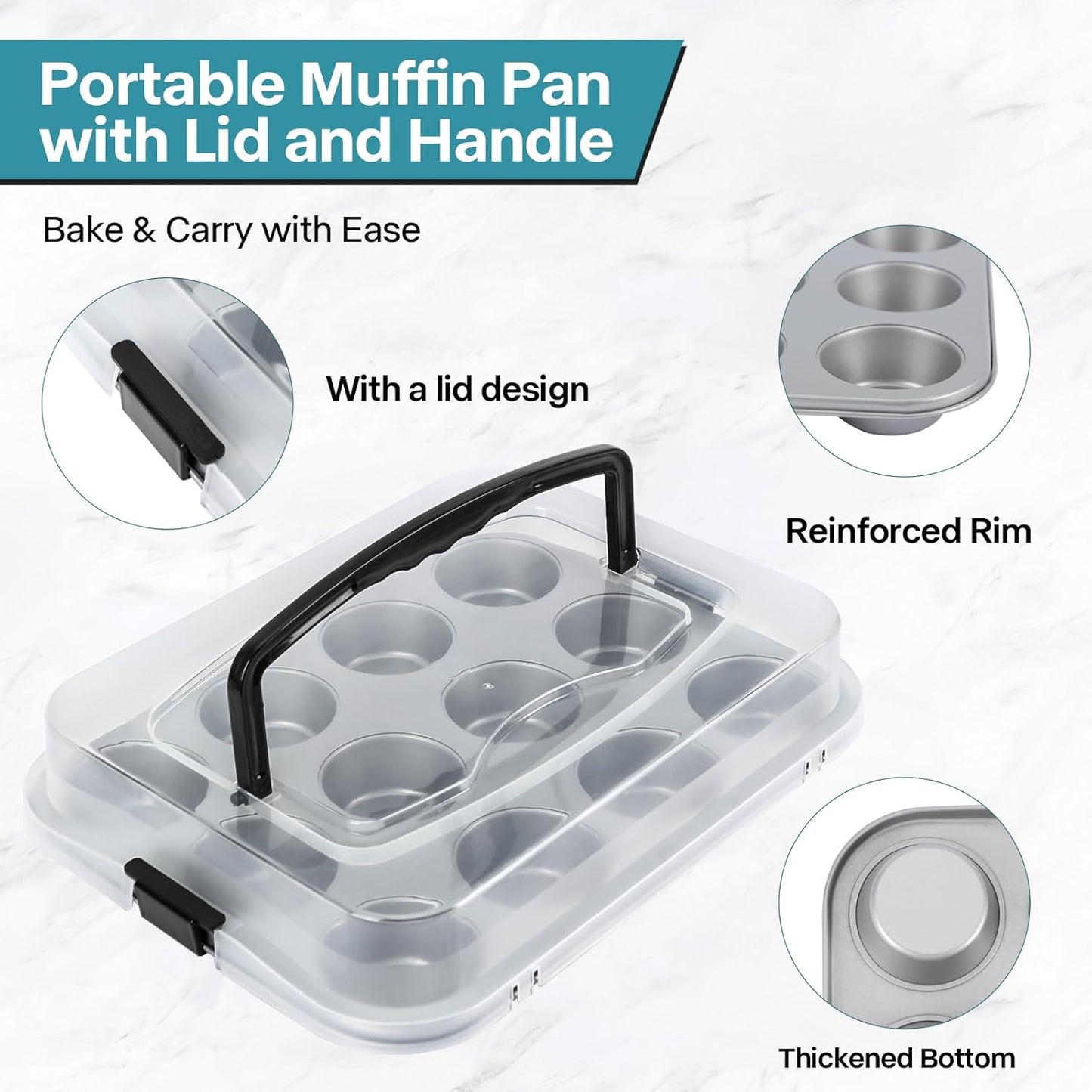2-Pack Cupcake Pan with Lid, 12-Cup Nonstick Muffin Pan with Handle – Cupcake Carrier for Baking & Transporting, Perfect for Party, Holiday, Gathering