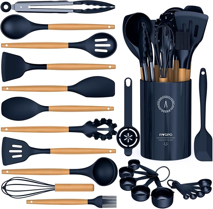Silicone Cooking Utensils Set - Silicone Kitchen Utensils for Cooking Wooden Handles, 446°F Heat Resistant Kitchen Utensil Spatula Sets w Holder, Gadgets for Non-Stick Cookware BPA FREE (Navy Blue)