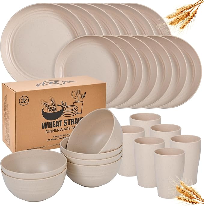 24 - Piece Wheat Straw Dinnerware Set - Plates and Bowls for 6, Unbreakable, Dishwasher & Microwave Safe, Reusable, Lightweight Tableware, Ideal for Camping and Everyday Use (Beige)