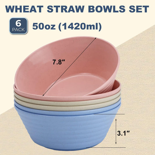 Wrova Wheat Straw Bowl Sets,6 PCS Unbreakable Big Cereal Bowl 50 OZ,Microwave and Dishwasher Safe Bowls,Large Salad Bowls for Party,Dorm,Apartment,Camping (Colorful Series)