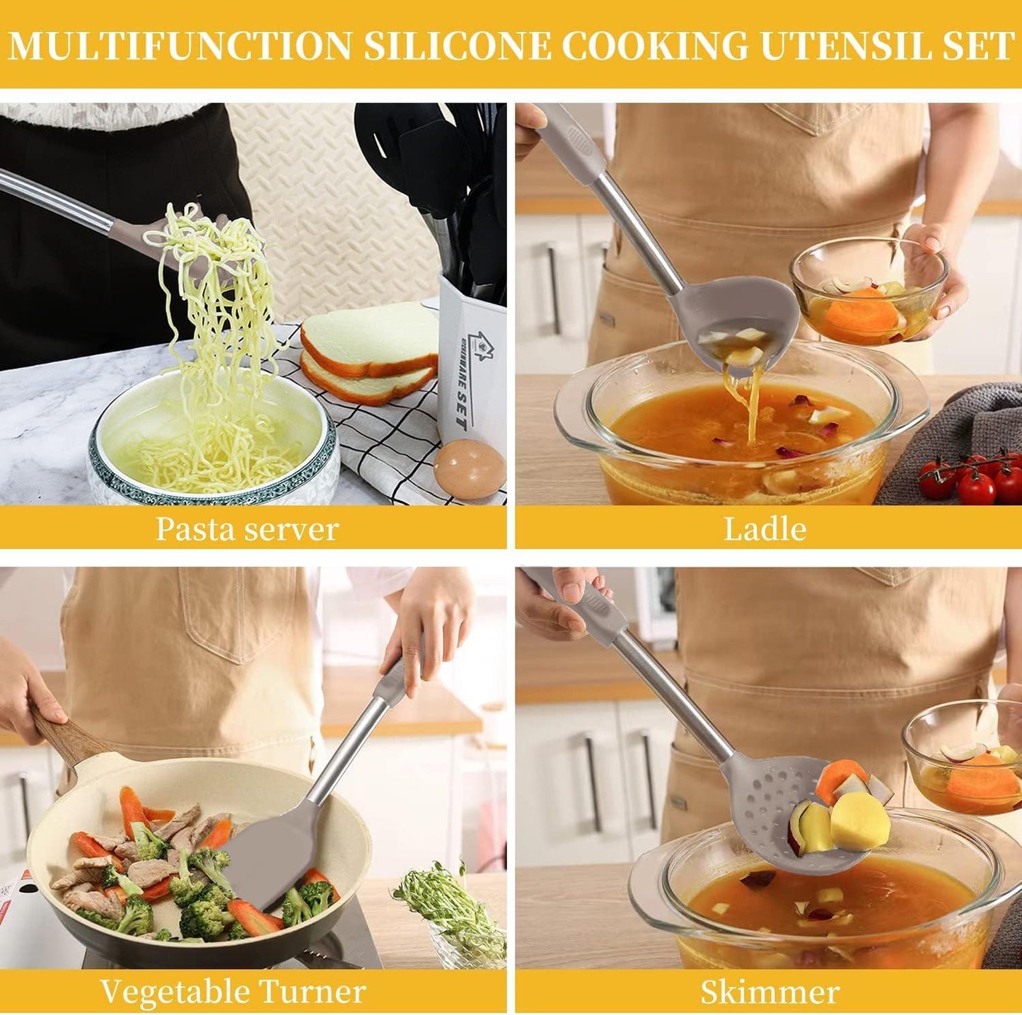 Silicone Kitchen Cooking Utensils Set with Stainless Steel Handle, Spatula Set Utensil Set, Cooking Utensil Set,Kitchen Tools Gadgets for Nonstick Cookware (35, Khaki)