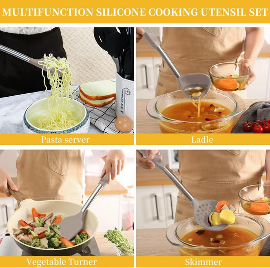 Silicone Kitchen Cooking Utensils Set with Stainless Steel Handle, Spatula Set Utensil Set, Cooking Utensil Set,Kitchen Tools Gadgets for Nonstick Cookware (35, Khaki)