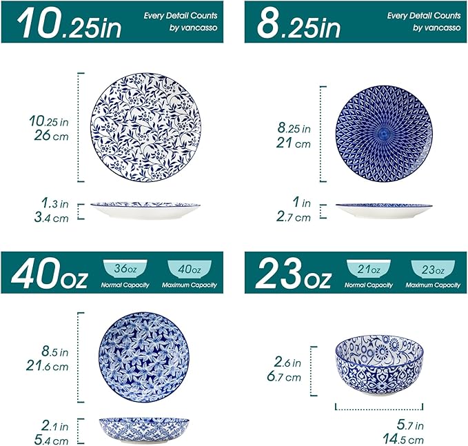 vancasso SELENE Plates and Bowls Set for 6, 24 Pieces Dinnerware Sets, Mircowave and Dishwasher Safe Dishes Set, Porcelain Blue Dinnerware