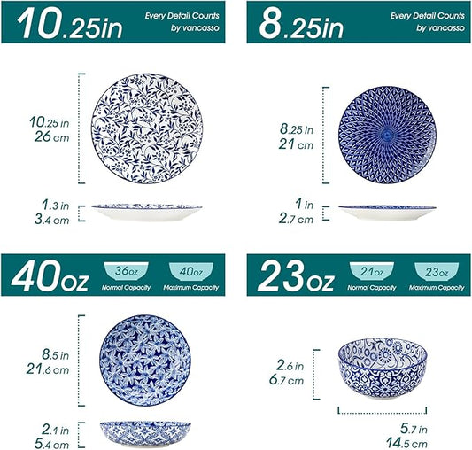 vancasso SELENE Plates and Bowls Set for 6, 24 Pieces Dinnerware Sets, Mircowave and Dishwasher Safe Dishes Set, Porcelain Blue Dinnerware