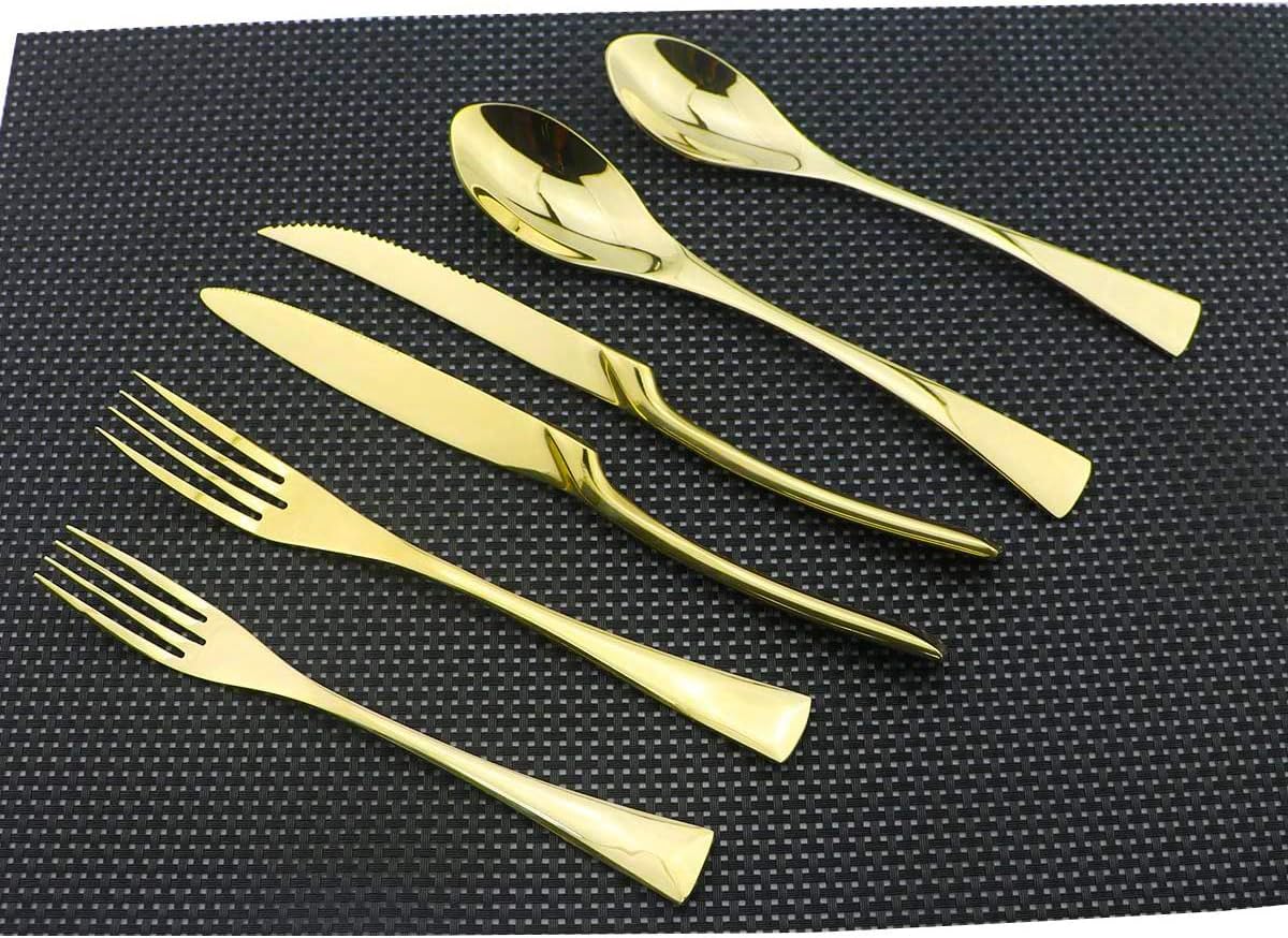 Flatware Set 18/10 Stainless Steel Mirror Polished Golden Cutlery Set - Silverware Utensil Set of Steak Knife Dinner Fork Knife Spoon Salad Fork Dessert Spoon,6 Piece Service for 1