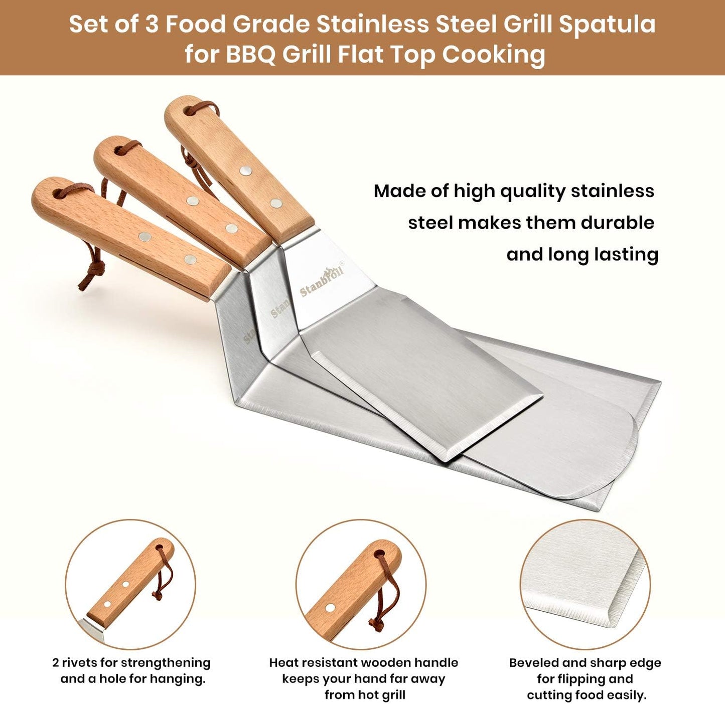 Stanbroil Large Metal Griddle Spatula Set with Long Flat Spatulas and Cast Iron Grill Press for Flat Tops, Griddles, Grills, Ovens and Stoves,Set of 4