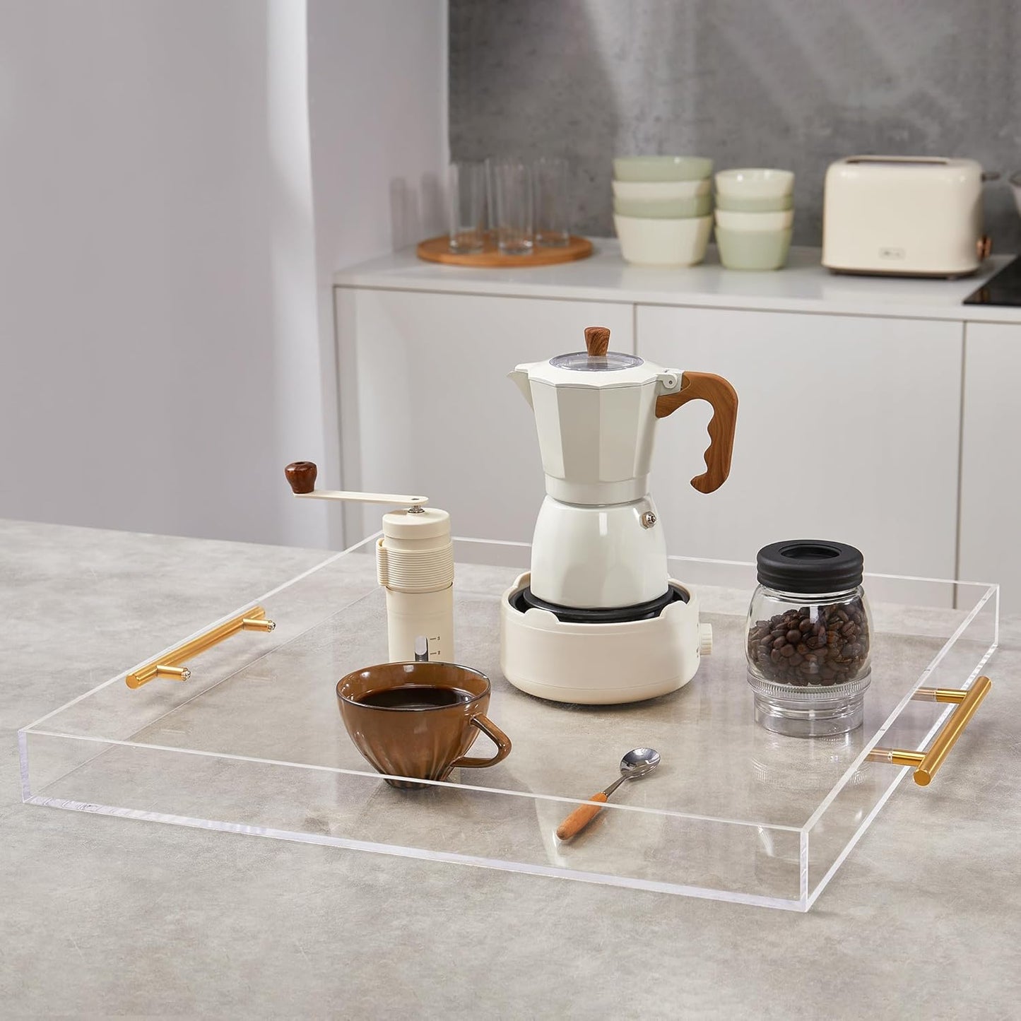 Extra Large Clear Acrylic Serving Tray (18×18 Inches) with Gold Handles Spill Proof Acrylic Over Size Big Decorative Tray Organiser for Ottoman Coffee Table Countertop