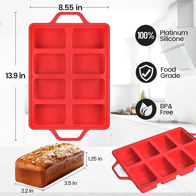 Mini Loaf Pans, Metal Reinforced Frame Silicone Mini Bread Loaf Pans 8 Cavities Nonstick for Baking Cornbread, Bread, Small Loaf, Brownie, Cheesecake, Chocolate 2 Pack Red