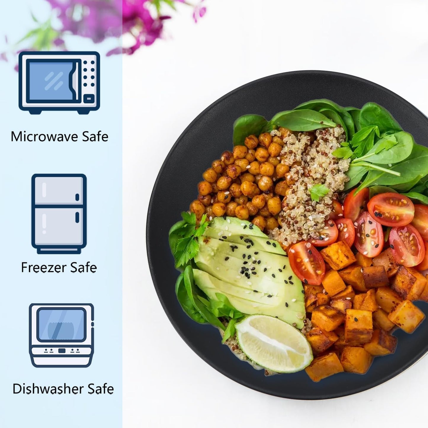 Homienly Dinner Plates Set of 8 Unbreakable Wheat Straw Plates with Textured Design - Microwave & Dishwasher Safe - Perfect for Camping, Kitchen Use - Black, 9 inch