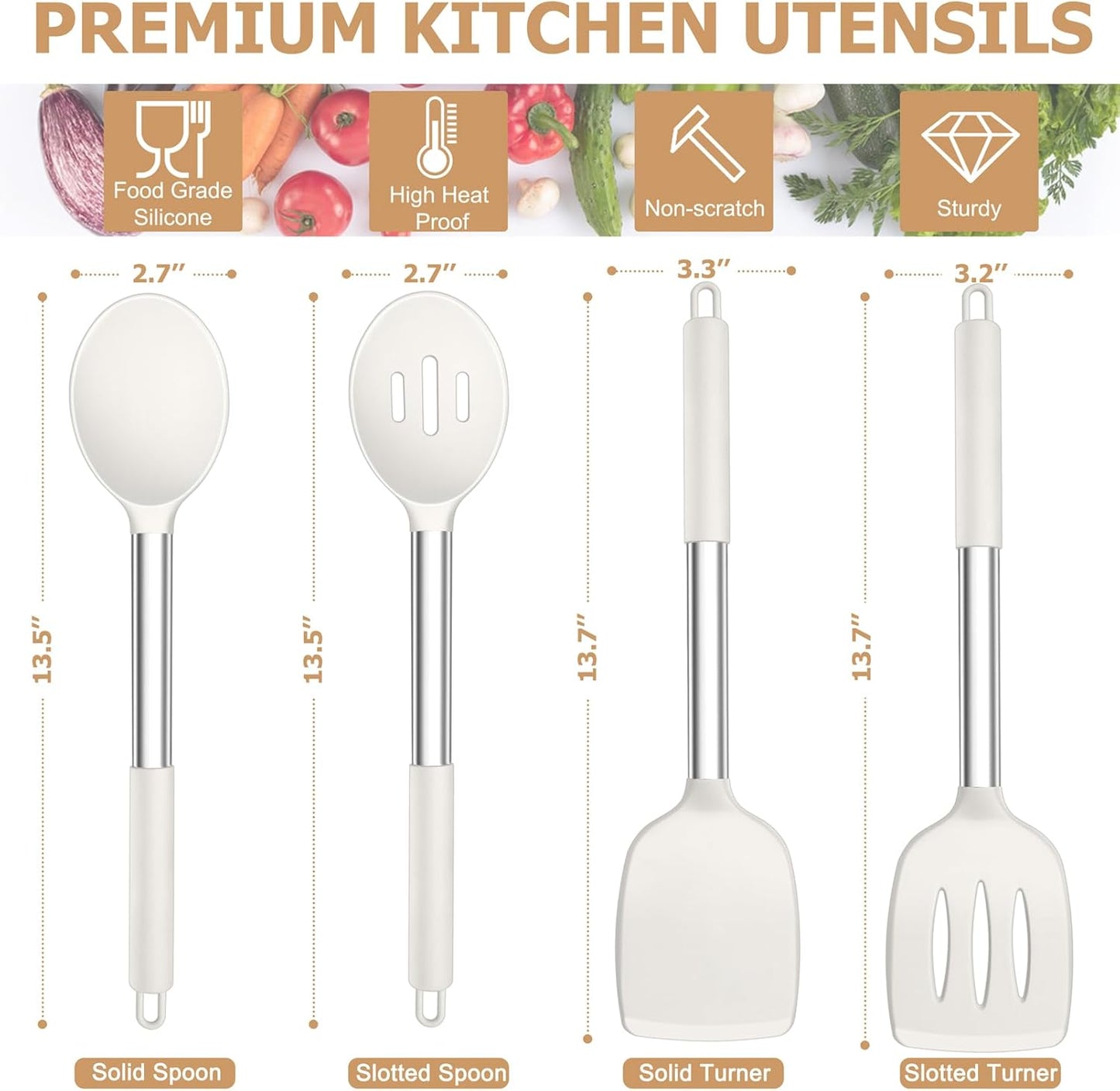 TeamFar Kitchen Utensils, 4 PCS Silicone Cooking Utensils with Stainless Steel Handle, for Nonstick Cookware Frying/Flipping/Draining, Non-toxic & Heat-proof, Non-scratch & Dishwasher Safe