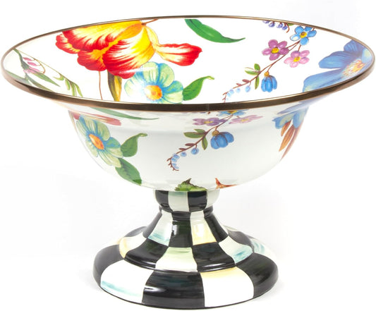 MACKENZIE-CHILDS Enamel Compote, Cute Enamel Pedestal Serving Dish or Decorative Bowl, Large, White Flower Market