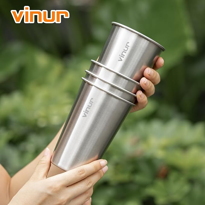 VINUR Stainless Steel Cups 4 Pack -16 oz Pint Tumbler Stackable Metal Drinking Glasses for Travel, Camping, Outdoors (Silver)